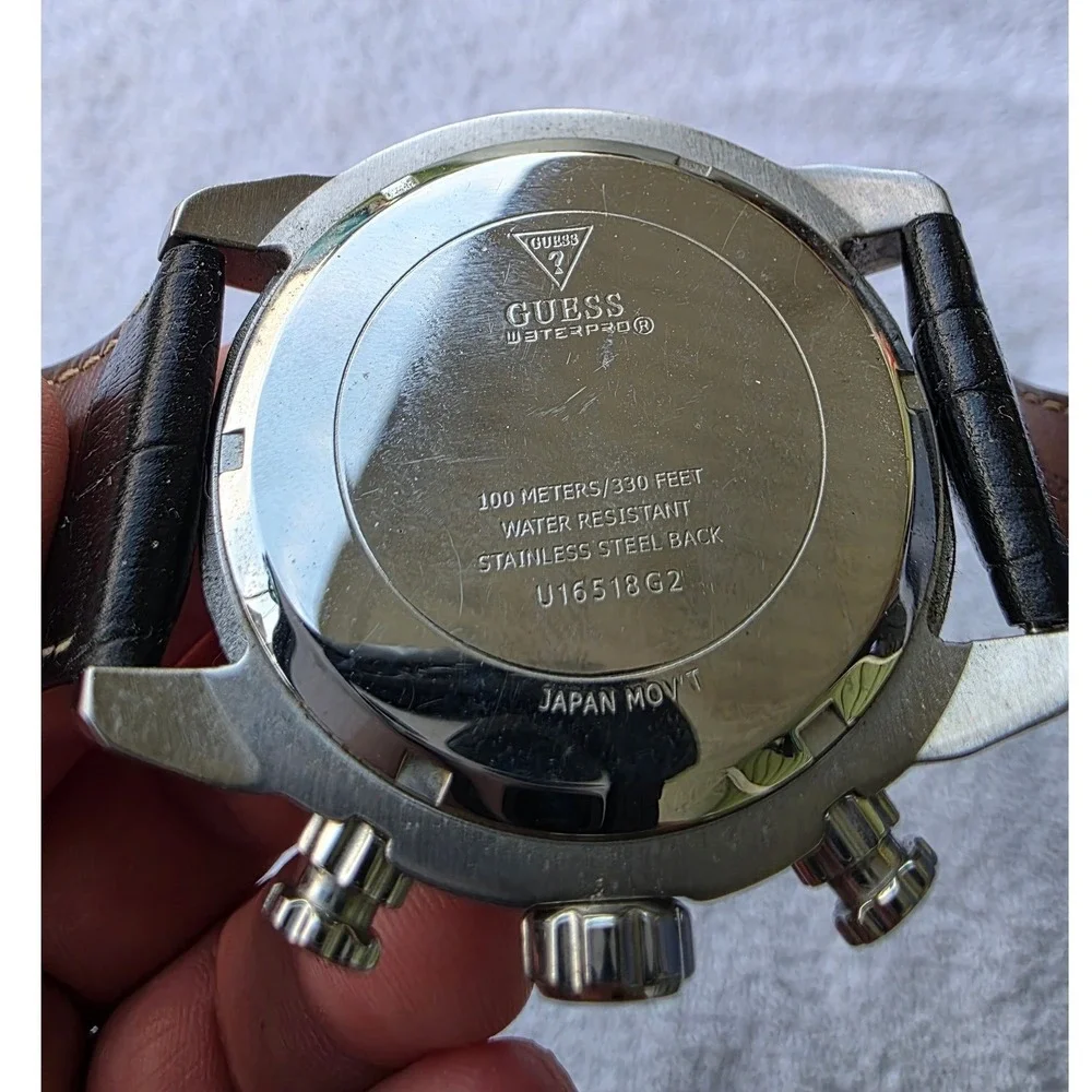Guess Waterpro Chronograph Mens Watch Black Leather Strap U16518G2 100M Stainles